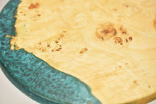 Load image into Gallery viewer, Unique and stunning European poplar mappa burl side table with mix of forest green & blue resin.