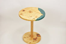 Load image into Gallery viewer, Unique and stunning European poplar mappa burl side table with mix of forest green & blue resin.