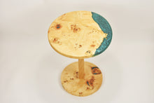 Load image into Gallery viewer, Unique and stunning European poplar mappa burl side table with mix of forest green & blue resin.