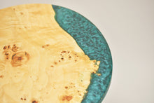 Load image into Gallery viewer, Unique and stunning European poplar mappa burl side table with mix of forest green & blue resin.
