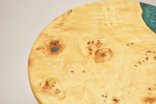 Load image into Gallery viewer, Unique and stunning European poplar mappa burl side table with mix of forest green & blue resin.