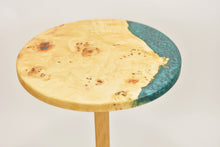 Load image into Gallery viewer, Unique and stunning European poplar mappa burl side table with mix of forest green & blue resin.