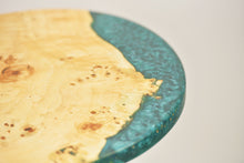 Load image into Gallery viewer, Unique and stunning European poplar mappa burl side table with mix of forest green & blue resin.