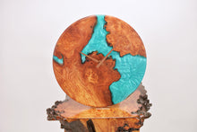 Load image into Gallery viewer, Turquoise epoxy resin with burl Scottish Elm hanging wall clock 35cm Diameter, Clock could be rotate to any hanging position.