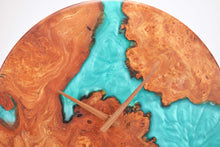 Load image into Gallery viewer, Turquoise epoxy resin with burl Scottish Elm hanging wall clock 35cm Diameter, Clock could be rotate to any hanging position.