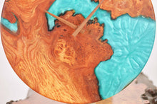 Load image into Gallery viewer, Turquoise epoxy resin with burl Scottish Elm hanging wall clock 35cm Diameter, Clock could be rotate to any hanging position.
