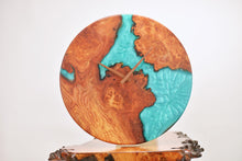 Load image into Gallery viewer, Turquoise epoxy resin with burl Scottish Elm hanging wall clock 35cm Diameter, Clock could be rotate to any hanging position.