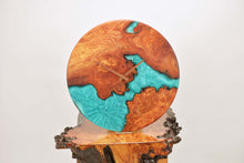 Load image into Gallery viewer, Turquoise epoxy resin with burl Scottish Elm hanging wall clock 35cm Diameter, Clock could be rotate to any hanging position.