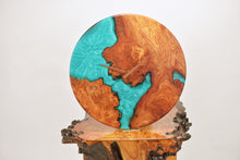 Load image into Gallery viewer, Turquoise epoxy resin with burl Scottish Elm hanging wall clock 35cm Diameter, Clock could be rotate to any hanging position.