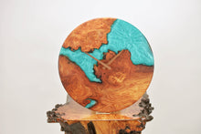 Load image into Gallery viewer, Turquoise epoxy resin with burl Scottish Elm hanging wall clock 35cm Diameter, Clock could be rotate to any hanging position.