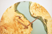 Load image into Gallery viewer, Lime epoxy resin with poplar mappa burl hanging wall clock 35cm Diameter, Clock could be rotate to any hanging position.