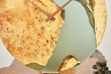 Load image into Gallery viewer, Lime epoxy resin with poplar mappa burl hanging wall clock 35cm Diameter, Clock could be rotate to any hanging position.
