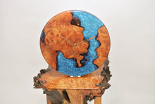 Load image into Gallery viewer, Turquoise blue epoxy resin with burl Scottish Elm hanging wall clock 35cm Diameter, Clock could be rotate to any hanging position.