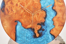 Load image into Gallery viewer, Turquoise blue epoxy resin with burl Scottish Elm hanging wall clock 35cm Diameter, Clock could be rotate to any hanging position.