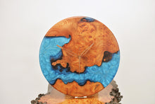Load image into Gallery viewer, Turquoise blue epoxy resin with burl Scottish Elm hanging wall clock 35cm Diameter, Clock could be rotate to any hanging position.