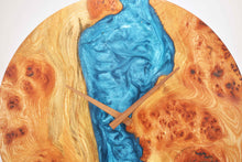 Load image into Gallery viewer, Sea blue epoxy resin with burl Scottish Elm hanging wall clock 35cm Diameter, Clock could be rotate to any hanging position.