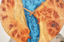 Load image into Gallery viewer, Sea blue epoxy resin with burl Scottish Elm hanging wall clock 35cm Diameter, Clock could be rotate to any hanging position.