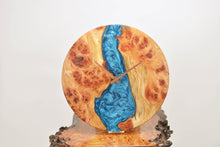 Load image into Gallery viewer, Sea blue epoxy resin with burl Scottish Elm hanging wall clock 35cm Diameter, Clock could be rotate to any hanging position.