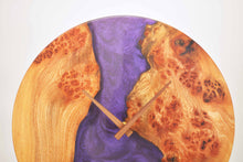 Load image into Gallery viewer, Violet epoxy resin with burl Scottish Elm hanging wall clock 35cm Diameter, Clock could be rotate to any hanging position.