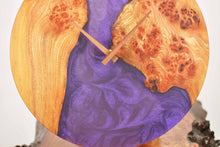 Load image into Gallery viewer, Violet epoxy resin with burl Scottish Elm hanging wall clock 35cm Diameter, Clock could be rotate to any hanging position.
