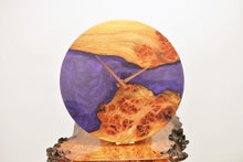 Load image into Gallery viewer, Violet epoxy resin with burl Scottish Elm hanging wall clock 35cm Diameter, Clock could be rotate to any hanging position.