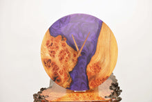Load image into Gallery viewer, Violet epoxy resin with burl Scottish Elm hanging wall clock 35cm Diameter, Clock could be rotate to any hanging position.