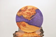 Load image into Gallery viewer, Violet epoxy resin with burl Scottish Elm hanging wall clock 35cm Diameter, Clock could be rotate to any hanging position.