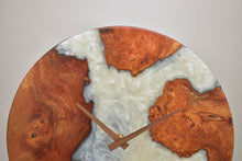 Load image into Gallery viewer, Pearl and arctic white epoxy resin with burl Scottish Elm hanging wall clock 35cm Diameter, Clock could be rotate to any hanging position.