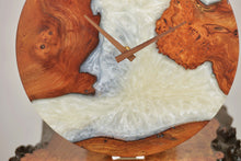 Load image into Gallery viewer, Pearl and arctic white epoxy resin with burl Scottish Elm hanging wall clock 35cm Diameter, Clock could be rotate to any hanging position.