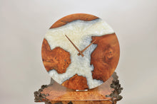Load image into Gallery viewer, Pearl and arctic white epoxy resin with burl Scottish Elm hanging wall clock 35cm Diameter, Clock could be rotate to any hanging position.
