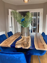 Load image into Gallery viewer, Epoxy resin live edge, Elm, Oak, Walnut, Poplar mappa, Maple, Olive wood, Custom Order table, Waney edge wood dinning and coffee table