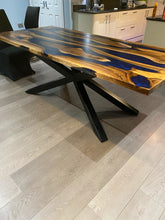 Load image into Gallery viewer, Epoxy resin live edge, Elm, Oak, Walnut, Poplar mappa, Maple, Olive wood, Custom Order table, Waney edge wood dinning and coffee table