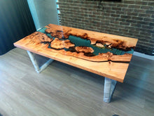 Load image into Gallery viewer, Epoxy resin live edge, Elm, Oak, Walnut, Poplar mappa, Maple, Olive wood, Custom Order table, Waney edge wood dinning and coffee table