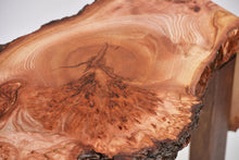 Load image into Gallery viewer, Creative live edge Scottish Elm waterfall end table, Waney edge waterfall side table, Figured slab wood furniture