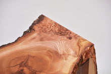 Load image into Gallery viewer, Creative live edge Scottish Elm waterfall end table, Waney edge waterfall side table, Figured slab wood furniture