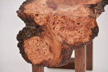 Load image into Gallery viewer, Creative live edge Scottish Elm waterfall end table, Waney edge waterfall side table, Figured slab wood furniture