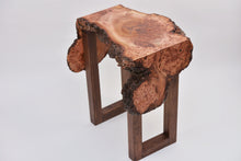 Load image into Gallery viewer, Creative live edge Scottish Elm waterfall end table, Waney edge waterfall side table, Figured slab wood furniture