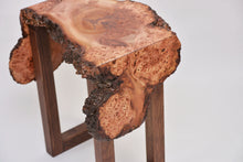 Load image into Gallery viewer, Creative live edge Scottish Elm waterfall end table, Waney edge waterfall side table, Figured slab wood furniture
