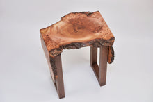 Load image into Gallery viewer, Creative live edge Scottish Elm waterfall end table, Waney edge waterfall side table, Figured slab wood furniture
