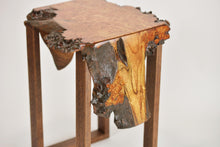 Load image into Gallery viewer, Stunning live edge burl Scottish Elm waterfall end table, Waney edge waterfall side table, Figured slab wood furniture.