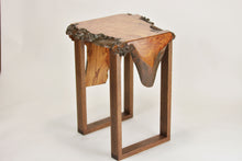 Load image into Gallery viewer, Stunning live edge burl Scottish Elm waterfall end table, Waney edge waterfall side table, Figured slab wood furniture.