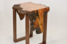 Load image into Gallery viewer, Stunning live edge burl Scottish Elm waterfall end table, Waney edge waterfall side table, Figured slab wood furniture.