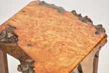 Load image into Gallery viewer, Stunning live edge burl Scottish Elm waterfall end table, Waney edge waterfall side table, Figured slab wood furniture.