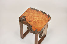 Load image into Gallery viewer, Stunning live edge burl Scottish Elm waterfall end table, Waney edge waterfall side table, Figured slab wood furniture.