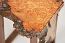 Load image into Gallery viewer, Stunning live edge burl Scottish Elm waterfall end table, Waney edge waterfall side table, Figured slab wood furniture.