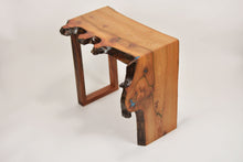 Load image into Gallery viewer, Stunning live edge burl Scottish Elm waterfall end table, Waney edge waterfall side table, Figured slab wood furniture.
