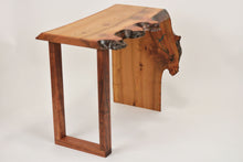 Load image into Gallery viewer, Stunning live edge burl Scottish Elm waterfall end table, Waney edge waterfall side table, Figured slab wood furniture.