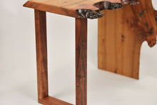 Load image into Gallery viewer, Stunning live edge burl Scottish Elm waterfall end table, Waney edge waterfall side table, Figured slab wood furniture.