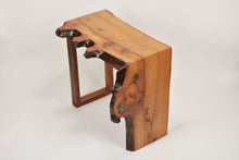 Load image into Gallery viewer, Stunning live edge burl Scottish Elm waterfall end table, Waney edge waterfall side table, Figured slab wood furniture.