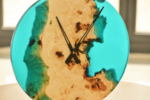 Load image into Gallery viewer, Poplar mappa burl timber 40cm daiameter wall hanging clock with transparent turquoise resin.